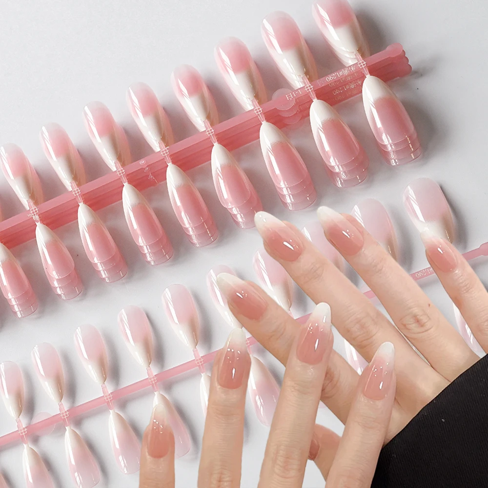

120pcs Nude Pink Ombre Almond Press on False Nails Pink White Soft Gel Acrylic Fake Nail Glossy Full Cover False Nail Tip Patche