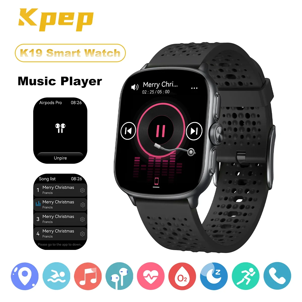 

Смарт-часы KPEP K19 со встроенным хранилищем музыки, подключение наушников TWS, встроенный GPS, водонепроницаемость 5ATM, умные часы для плавания для мужчин и женщин