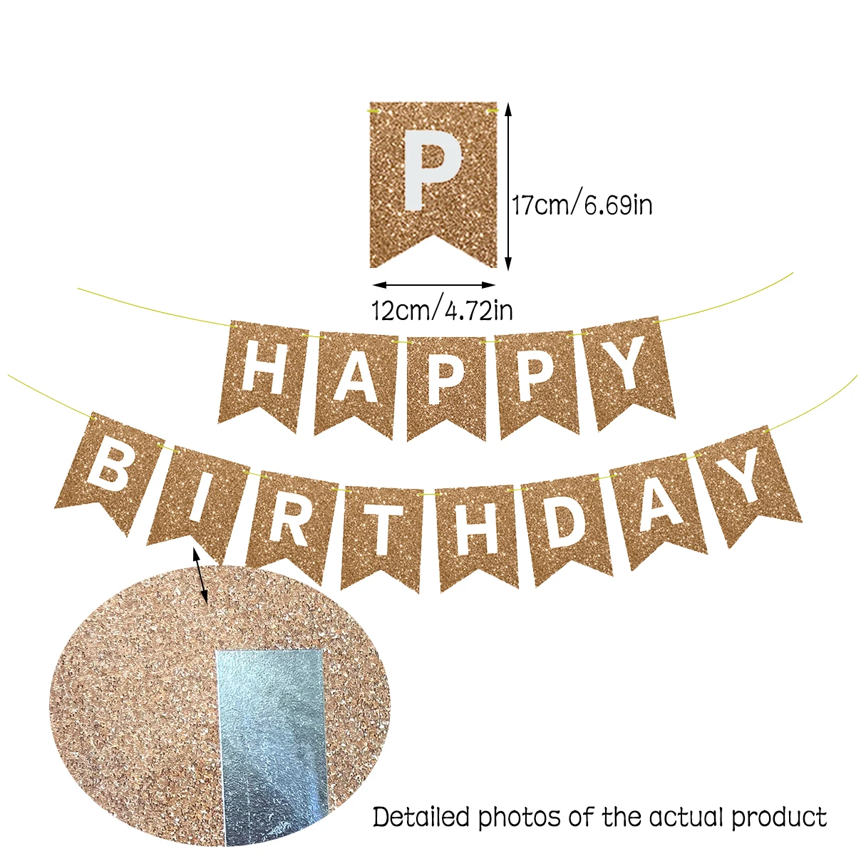 Happy Birthday Gold-Glitzer-Banner – Partydekorationen und Schild für Damen, Herren, Mädchen, Jungen | Zubehör für Geburtstagsparty – Detail 1