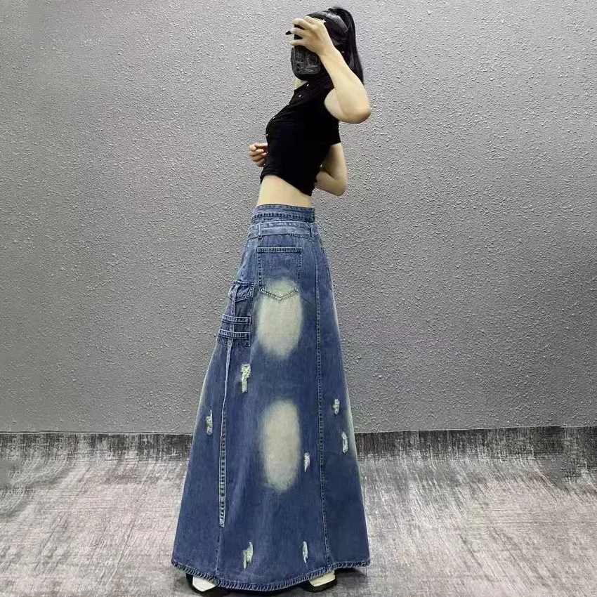 Personalizado cintura alta fenda meados de comprimento denim saia para mulher 2025 nova primavera verão solto grande bolso vintagea buraco saia