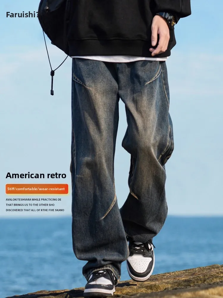 

Мужские широкие джинсы с начесом, свободного прямого кроя, зимние, повседневные, молодежные, модные