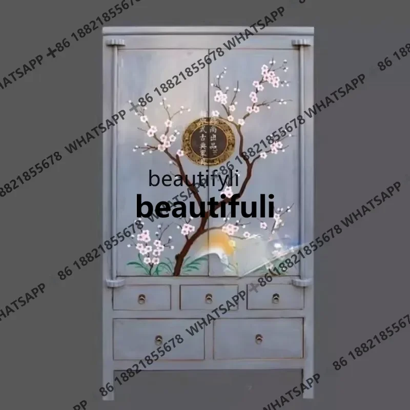 

New Chinese solid wood painted old wardrobe neoclassical antique pure hand-painted plum blossom storage wardrobe