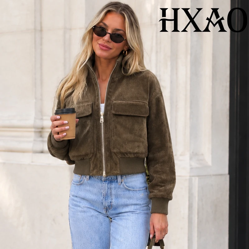 HXAO Faux Women's Suede Jacket Autumn Long Sleeve Cropped Bomber Jacket Streetwear Zip Up Outerwear Flap Pockets Flight Jackets
