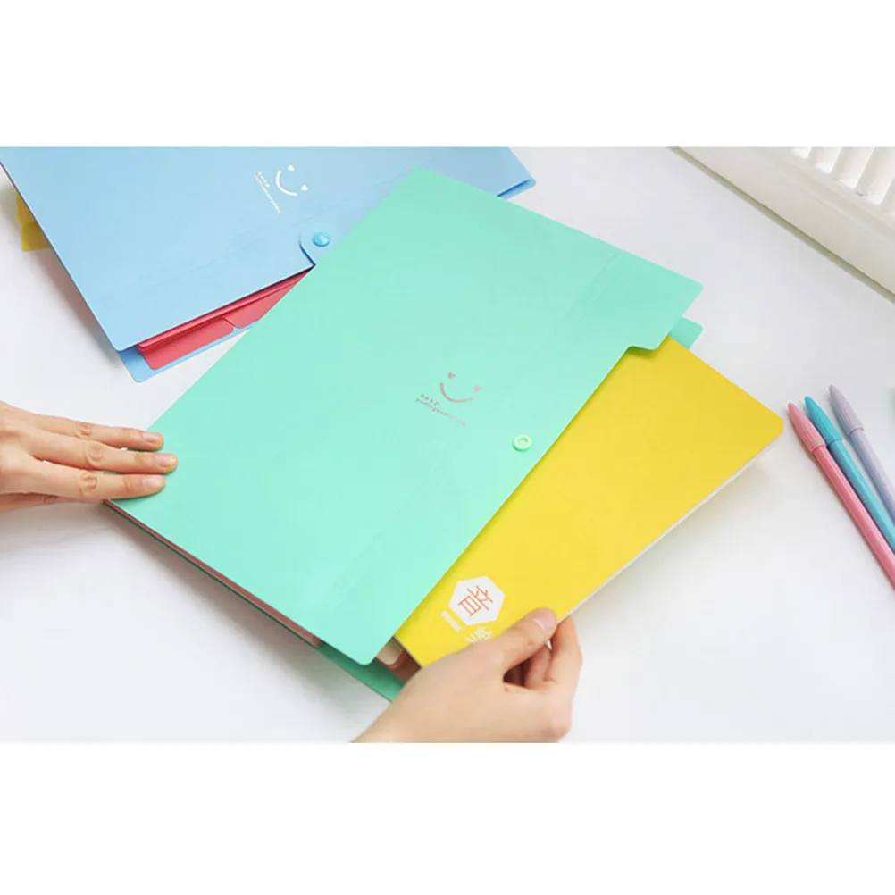 

5 Pockets A4 Plastic Expanding File Folder with Snap Button Closure Smile Face Design Document Organizer for Office School Home