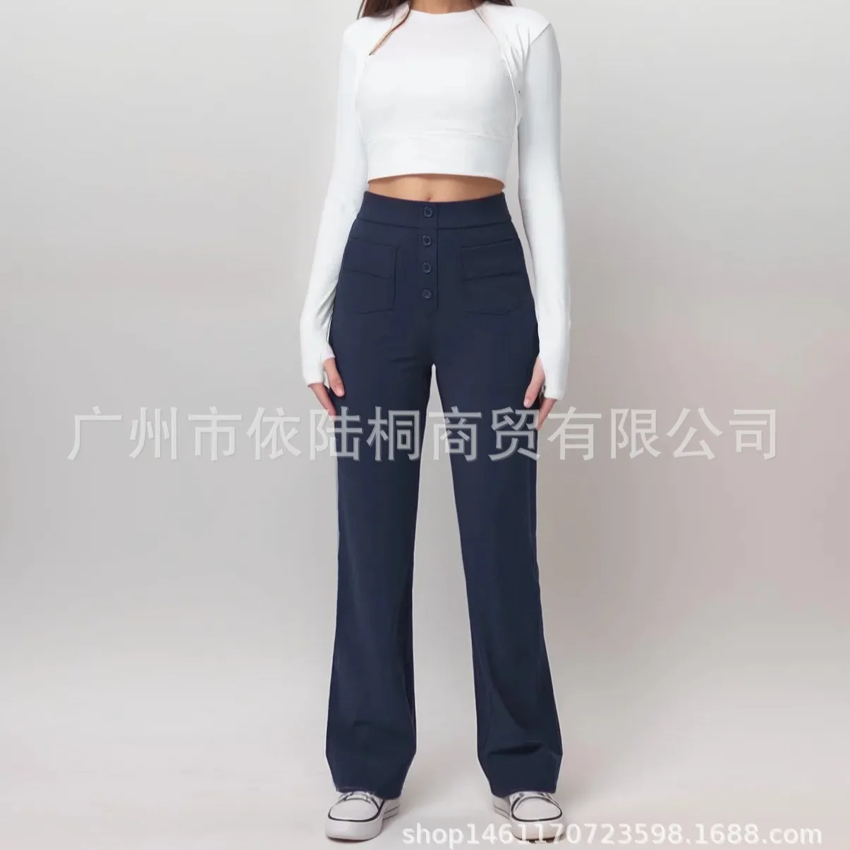 Women Casual Pants High Waist Wide Leg Navy Blue Trousers Button Front Full Length Gray Slacks Elastic Waist Solid Color Pants