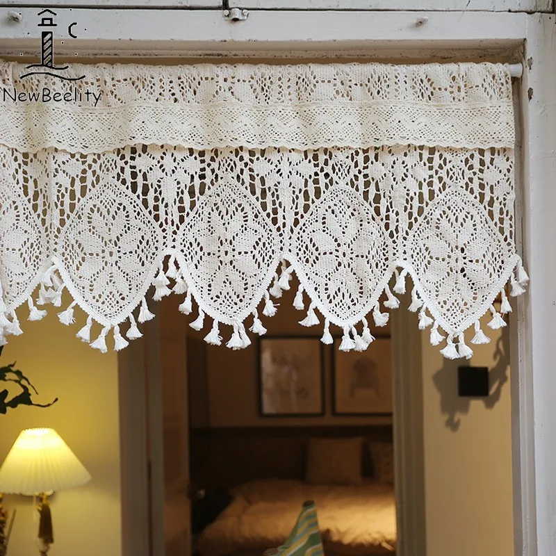 

1Pcs Tassel Half Curtains Cotton Thread Crochet Kitchen Door and Window Light-transmitting Partition Decor Lace Coffee Curtain