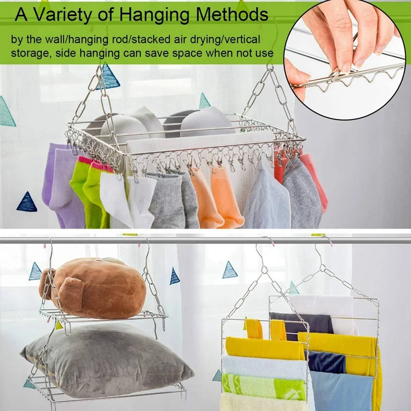 2X Multifunctional Clothes Drying Rack, Stainless Steel Laundry Garment Drying Hanger For Hanging Clothes, Towels, Socks