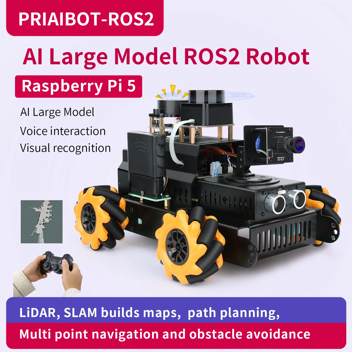

Raspberry Pi 5 AI large model ROS2 robot voice recognition AI vision intelligence embodied intelligence mecanum wheel small car