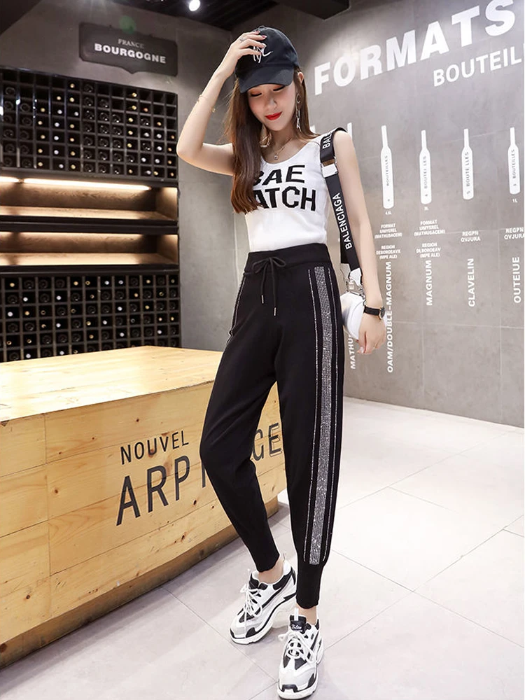 Womens Harem Pants Diamonds Rhinestone Hot Drilling OL Lady Sweatpants Female Baggy Pants High Waist Black Loose Wide Leg Harlan