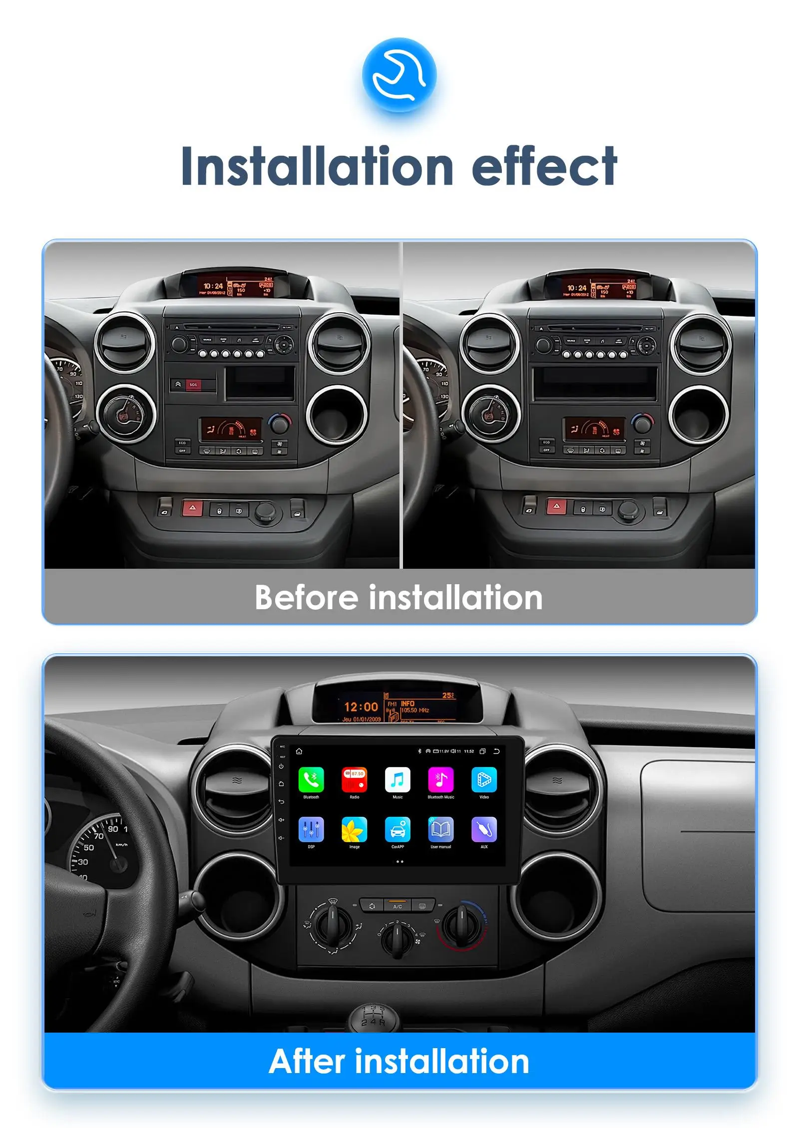 Android 13 2 Din Stereo For Citroen Berlingo B9  Peugeot Partner 2008-2019  Player Navigation WIFI Wireless Carplay Auto RDS GPS