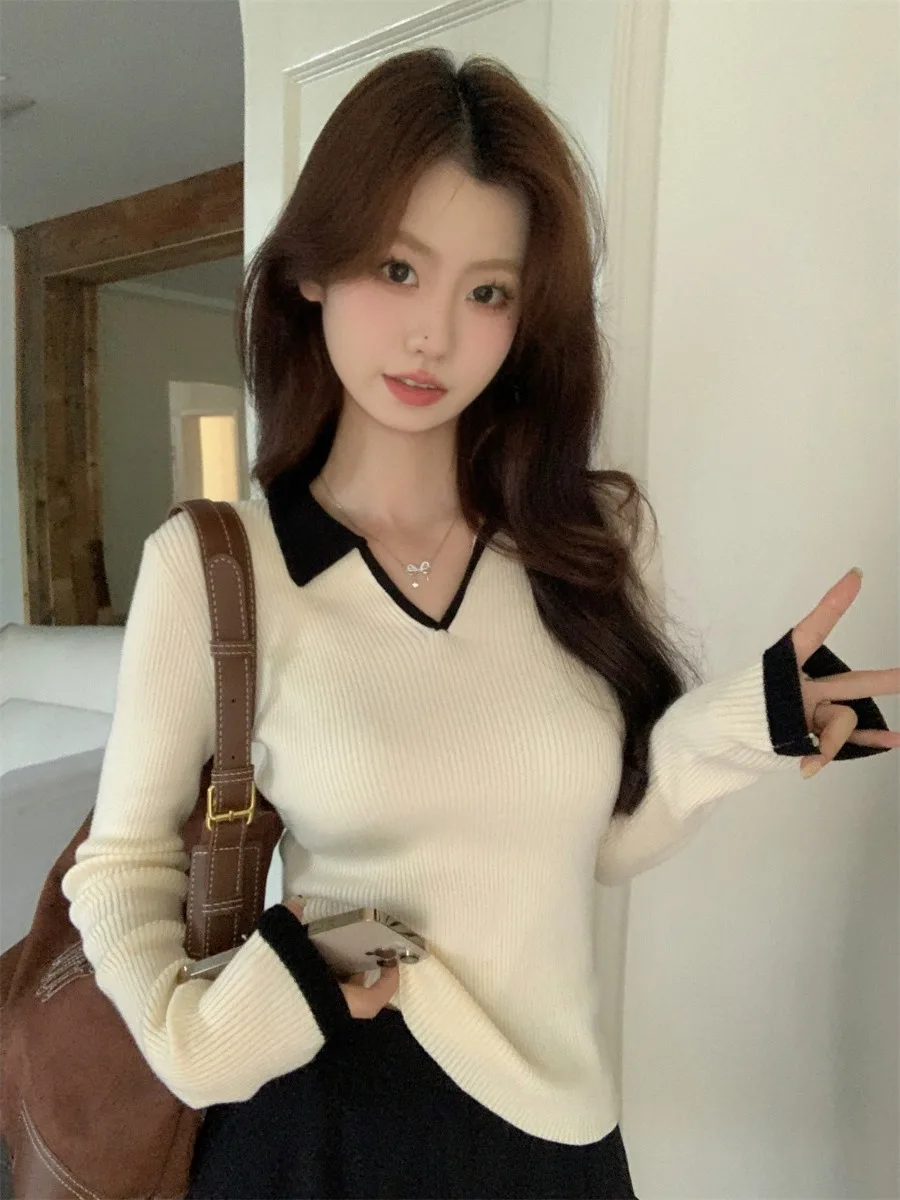 Korean Style Long Sleeve Knitted Sweater Women's Slim Fit Turn-down Collar Inner Wear Base Shirt Top for Autumn Winter