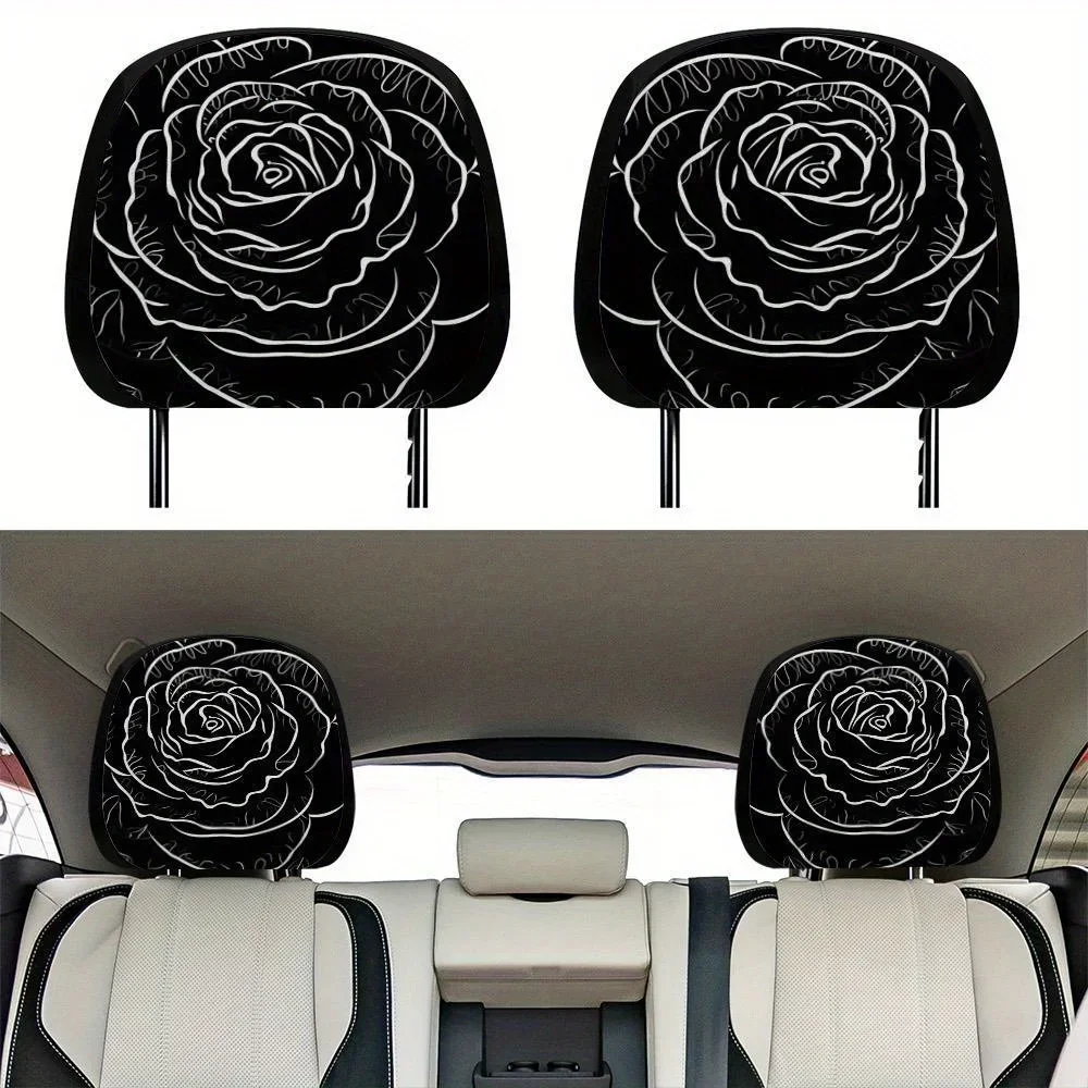 2PCS Line Art Rose Print Car Headrest Covers, Dark Art Style, Personalized Auto Interior Decor Protectors