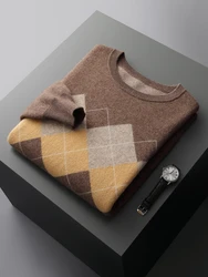 Quality New Men's 100% Goat Cashmere Sweater Colorblock Pullovers Autumn Winter Thick Business Jumper Knitwear Tops Clothing