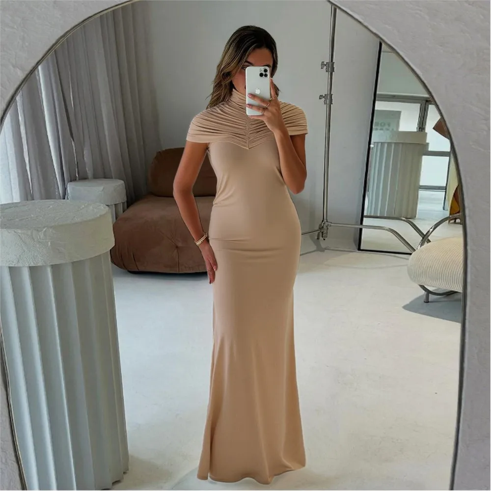 

Elegant Women's Evening Dress Solid Color Temperament Autumn Winter Hip-hugging Long-sleeved Hollow Pleated High-neck Clothes