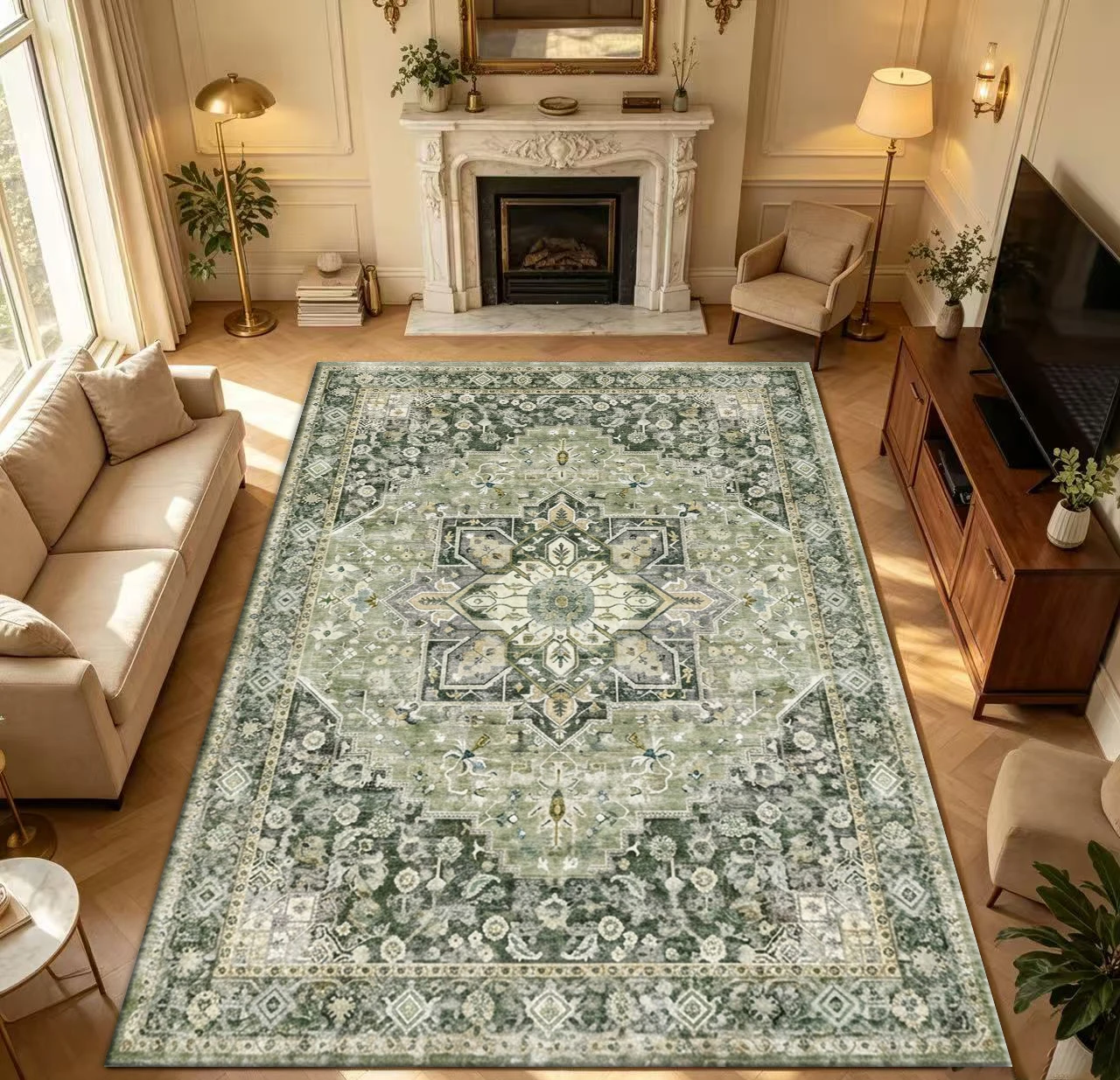 Vintage Green Oriental Persian Style Medal Pattern Carpet Distressed Floral Traditional Carpet Non-Slip Washable Living Room Bedroom Floor Mat