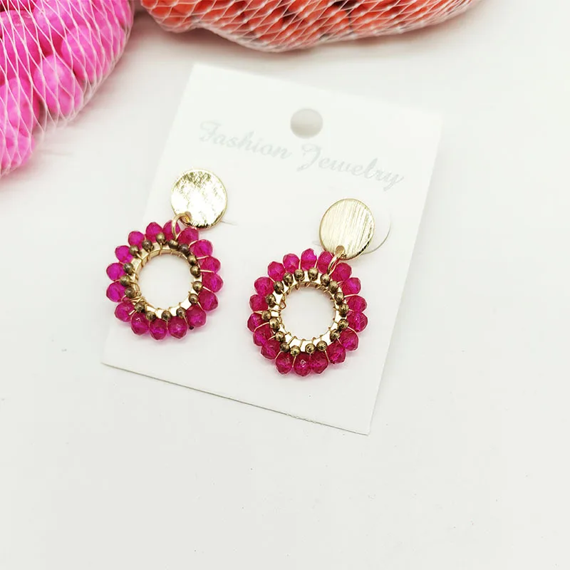 

Beaded earrings Crystal Circle Originality Hand knitting Bohemia Alloy Tide Simple Rice bead earrings