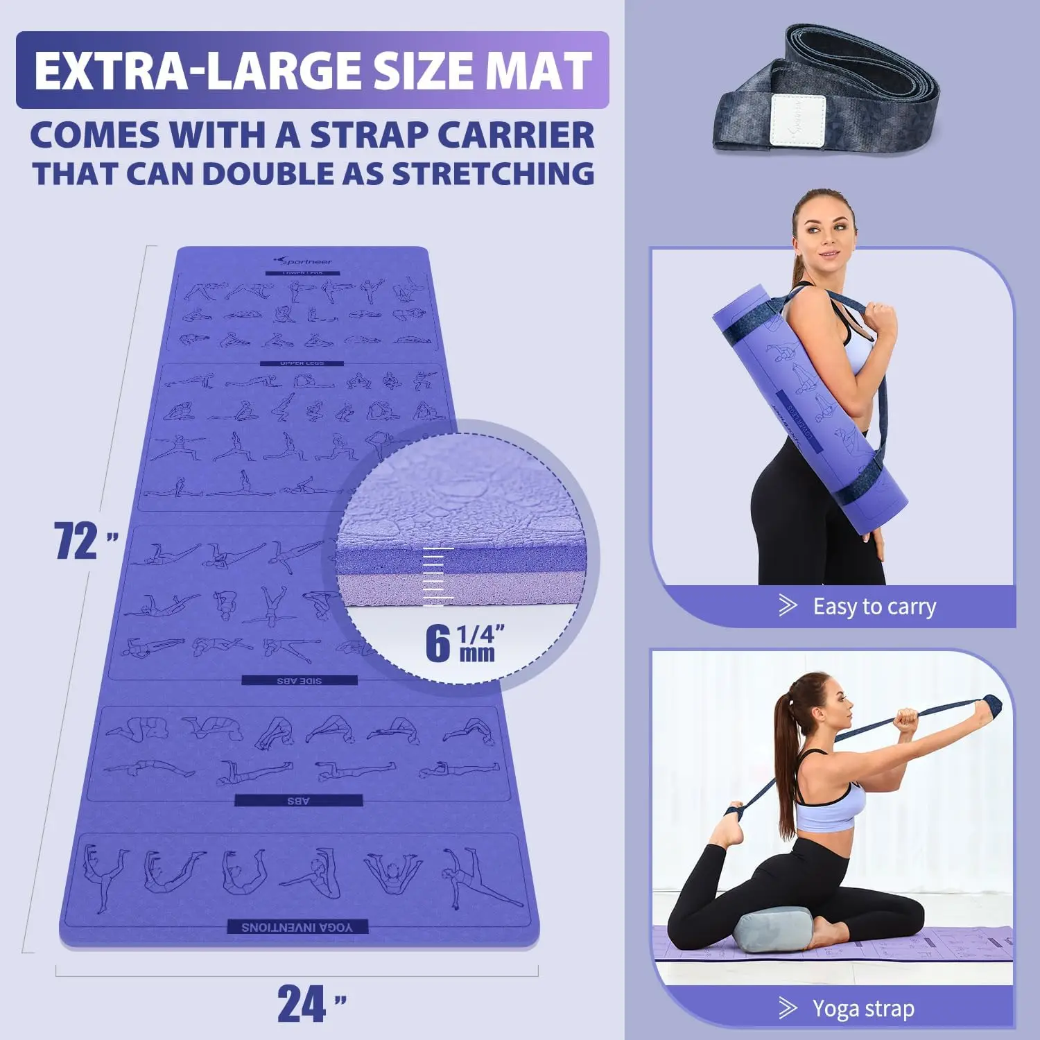 Sportneer Yoga Mats for Women & Men Non Slip Double-Sided Exercise Mats Yoga Mat for Home Gym Workout with Strap & Poses