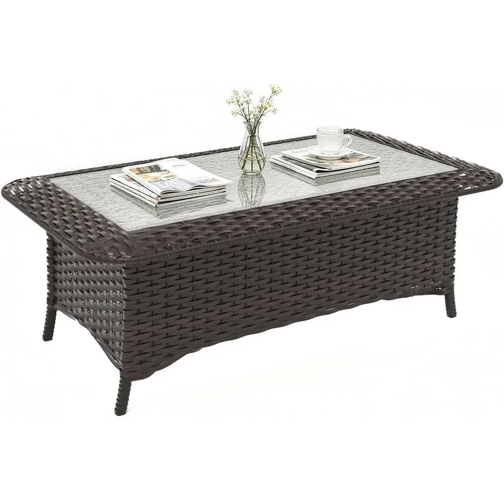 Brown Wicker Outdoor Coffee Table with Tempered Glass Top, Suitable for Patio, Deck, and Backyard