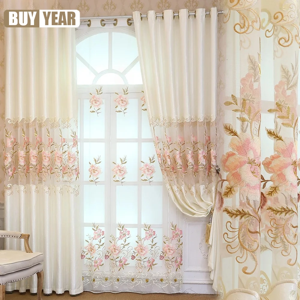 

European-style Curtains for Living dining room bedroom pink flower girl delicate high-end light luxury embroidered customize