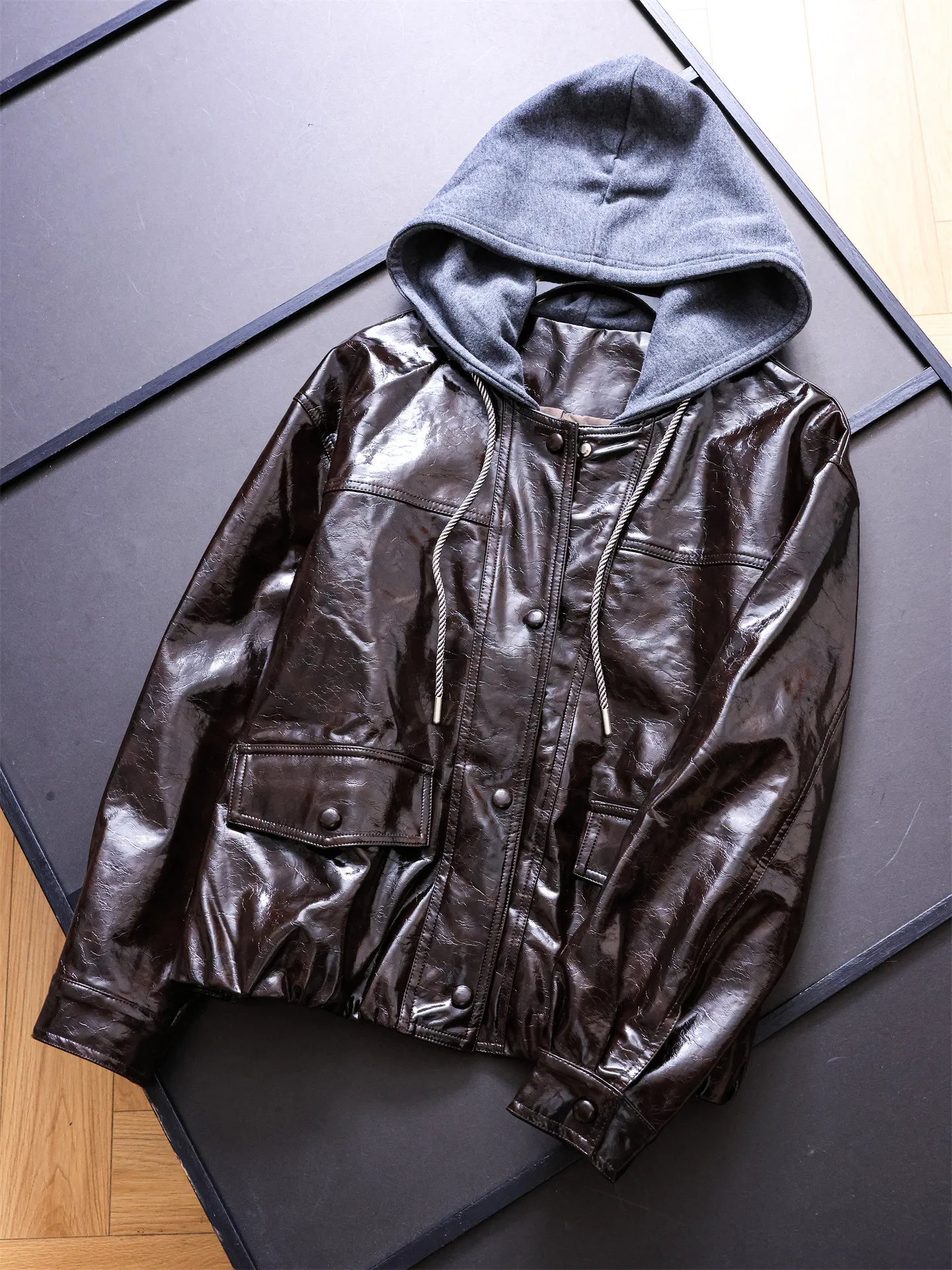 

Retro Modern Color Block Hooded Fake Two-Piece Jacket Loose Slimming Long Sleeve Women's Leather Coat Commute Style PU Material