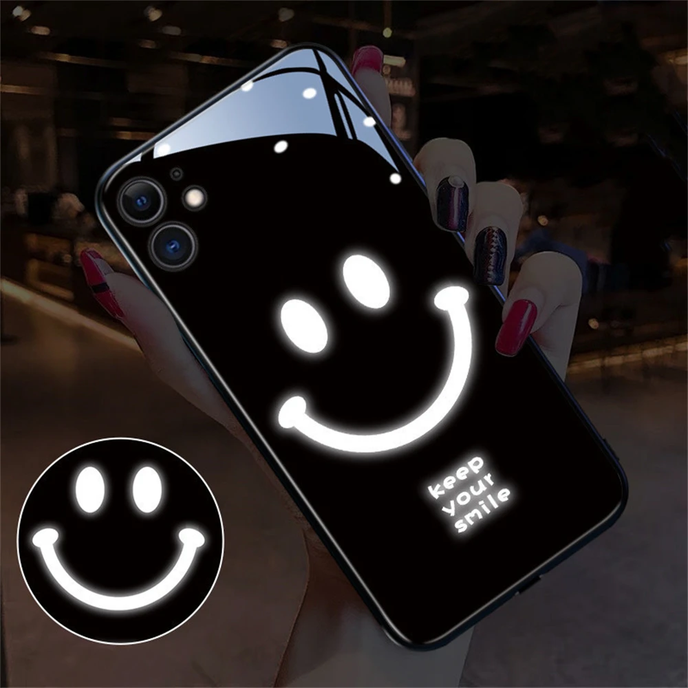 

Keep Smiling Tempered Glass Glitter Cover LED Light Up Phone Case For Samsung S23 S22 S21 S20 Ultra Plus Note 10 20 A53 A14 A52