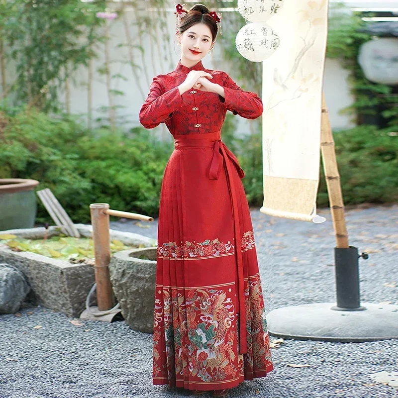 Chinese Style Festive Women Hanfu Embroidery Horse-Face Skirt Long Sleeve Stand Collar Red Shirt Cosplay