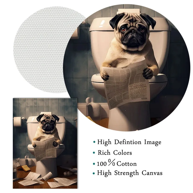 Funny French Bulldog Pug Dog Sit on Toilet Read Newspaper Poster Canvas Painting Print Animal Wall Art for Bathroom Home Decor