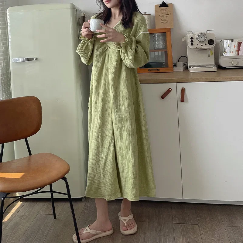 Casual 100% Cotton Muslin Dress For Women Sexy V-neck Long Sleeve Loose Maxi Robe Elegant Pajamas Nightdress Vestidos