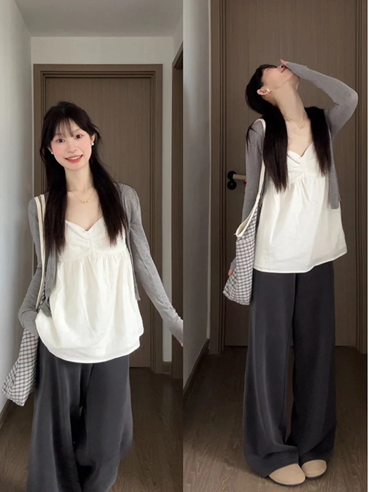 

Корейский плиссированный свободный жилет на бретелях Lazy Sle, тонкий длинный открытый кардиган све, женский летний новый модный комплект Sweet Sle V-ne