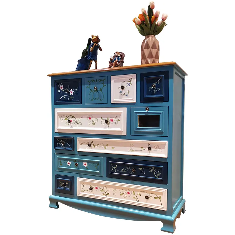 

American chest of drawers, locker, porch blue living room cabinet, solid wood Mediterranean twelve-bucket bedroom storage