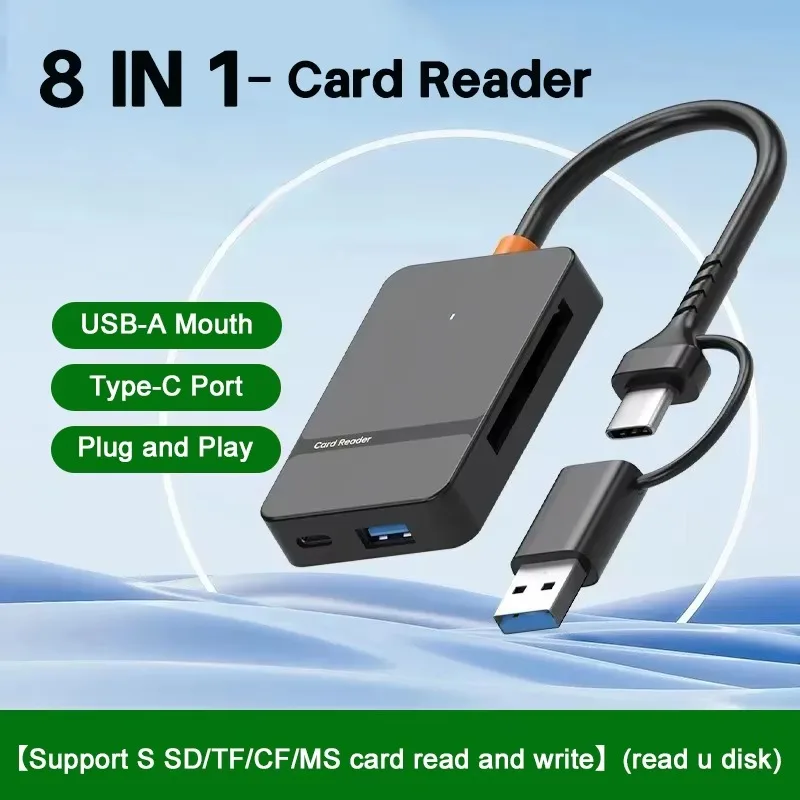 8-in-1 Card Reader USB3.0 Hub CF/SD/MS/TF Memory Card Reader for PC iPhone15 16 Trail Camera Converter External USB Flash Drive