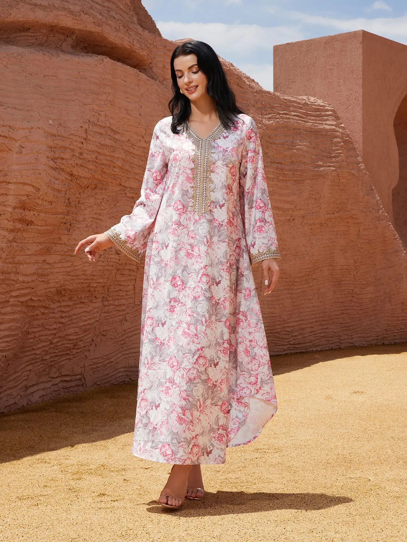 

Ид Абая женское платье мусульманское с цветочным принтом и v-образным вырезом Дубай Vestidos Largos длинные платья кафтан арабский халат вечерние кафтан Джалабия Рамадан