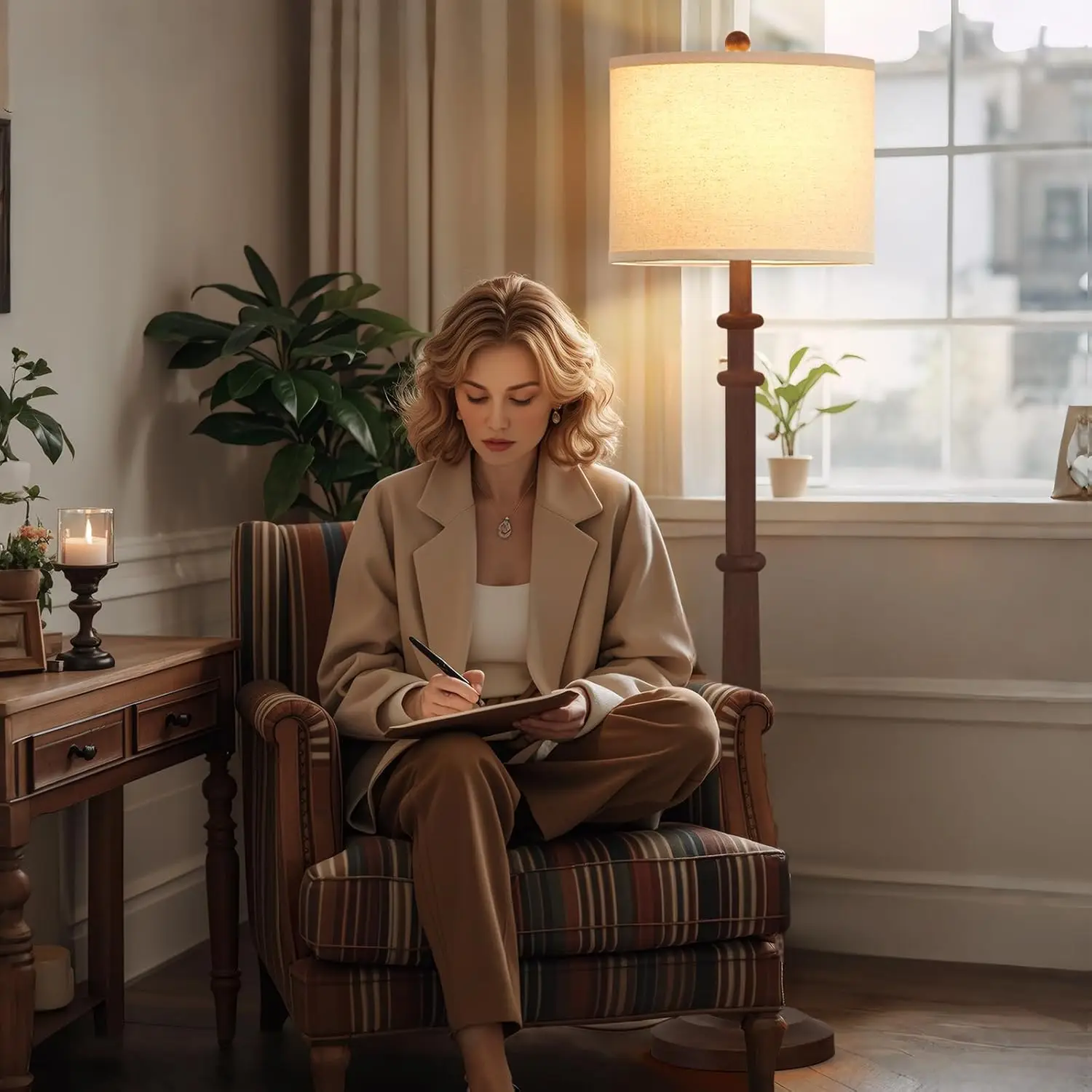 60" Adjustable Color Temperature Farmhouse Floor Lamp with Linen Shade - Vintage Style for Living Room Bedroom Office view 4