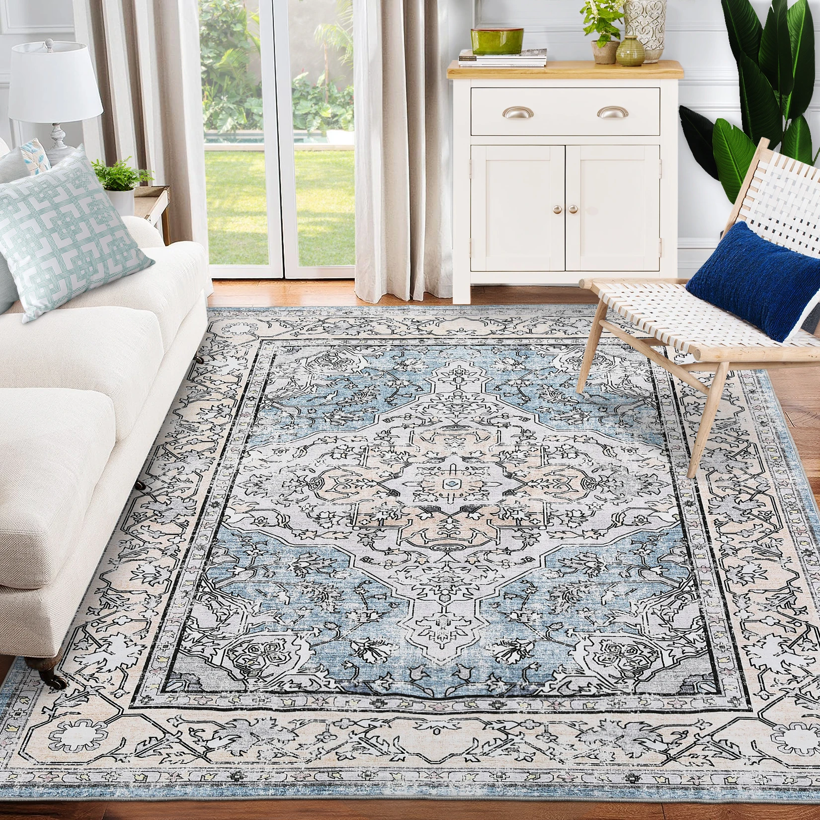 

Vintage Washable Soft Area Rug Low Pile Anti-Slip Stain Resistant Rug Foldable Thin Floral Distressed Carpet Non-Shedding Pad