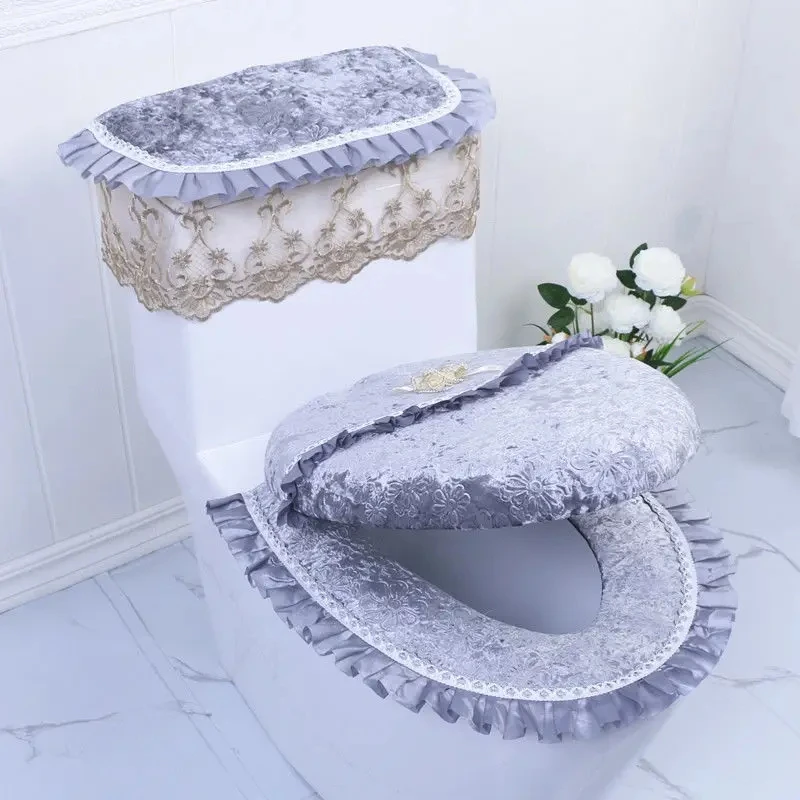 Toilet Two-piece Set New Four Season Universal European Double-sided Toilet Seat Cover Zipper Lace Fabric Toilet Seat Cushion