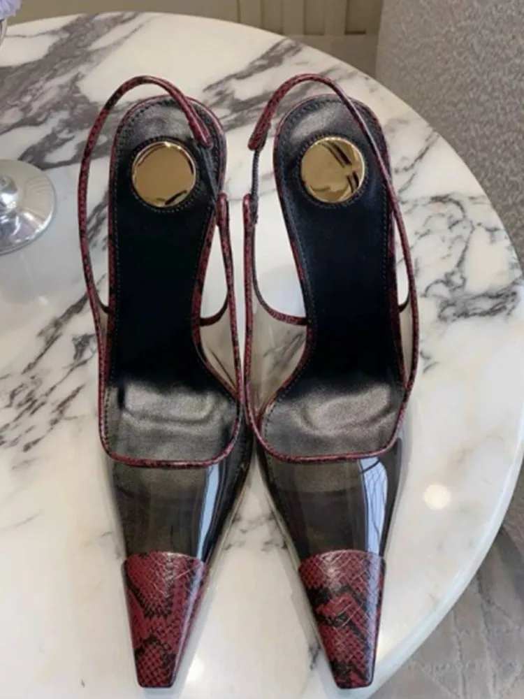 Women's Transparent PVC Square Gold Buckle Slingback Pumps Cutout Metallic Stiletto Heels Pointed Toe Luxury Designer view 5
