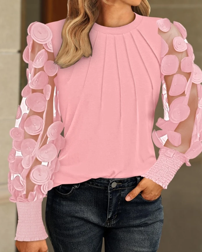 

Elegant Woman Blouse 2025 Spring Fashion Long Sleeve Petals Sexy Sheer Mesh Patch Ruched Round Neck Casual Top