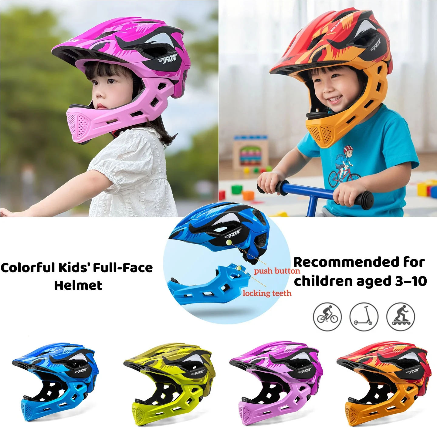 

Многоцветный детский полнолицевой шлем BATFOX, крутой мультяшный дизайн с изображением акулы, повышенная защита для езды на велосипеде и скейтборде, шлем