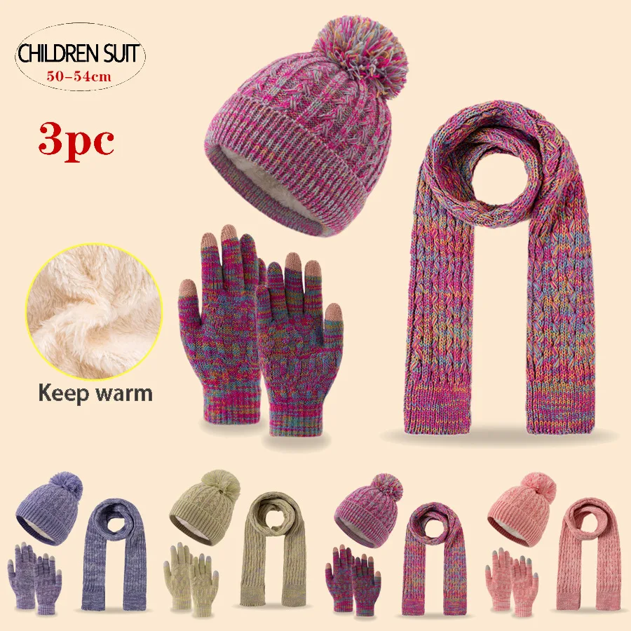 

New simple and parallel fringed children's scarf, hat and glove three-piece set for autumn and winter
