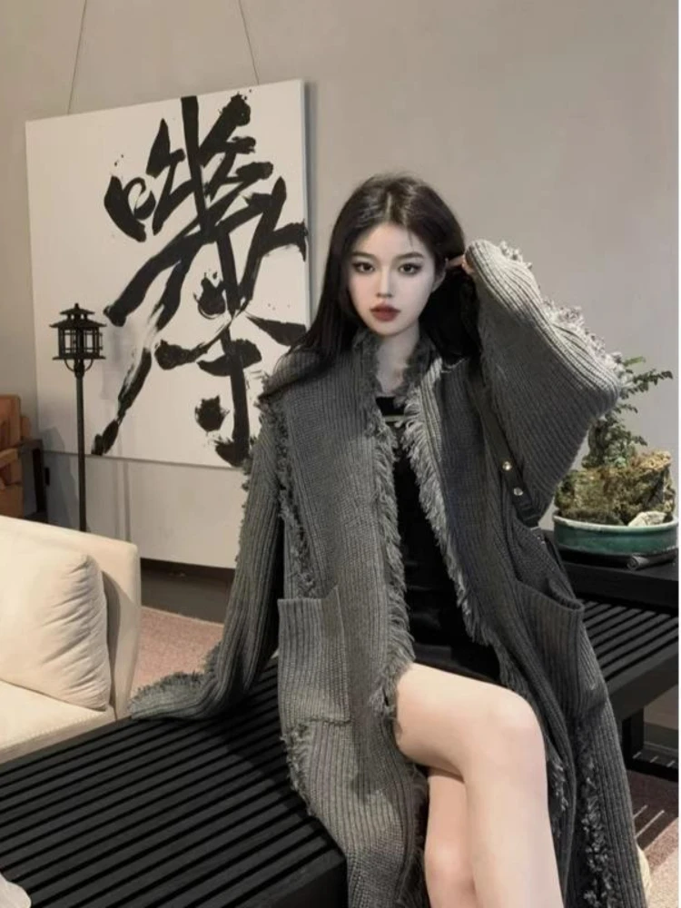 Chic Tassel Knitted X-Long Cardigans Women Fashion Solid Simple Loose Leisure Young Popular Soft All-match Warm Tops Ladies Ins