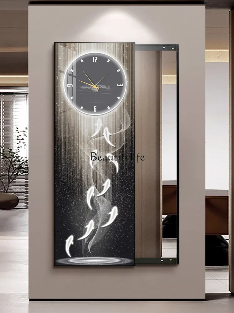 Nine fish light luxury invisible full body mirror push-pull hidden with clock hanging clock wall hanging