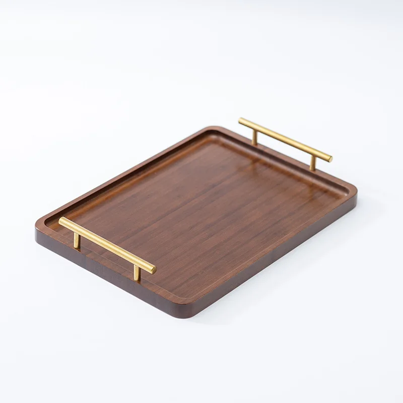 HeMu Right Angled Bamboo Tray Handle New Chinese Tea Set Bamboo Hotel small Tea Tray Wooden Family Breakfast Tray Metal Handle