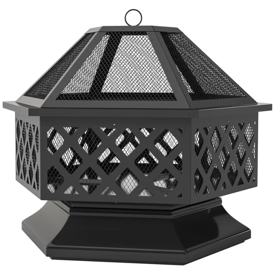 

28 Outdoor Fire Pit with Grill Hexagon Fireplace Wood Burning Firepit with Cooking Grate Fire Poker Spark Screen Lid
