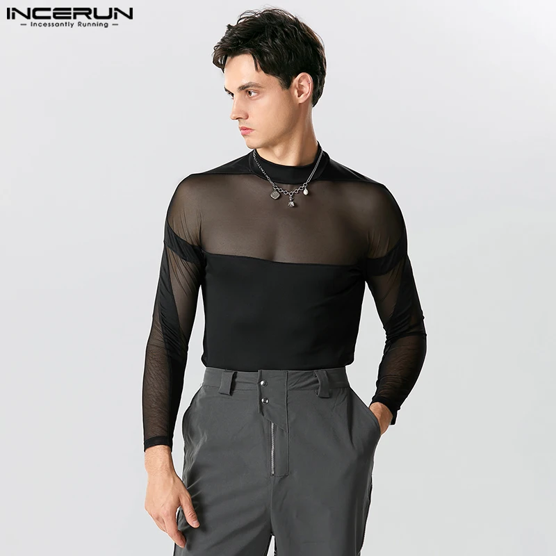 2023 Men Bodysuits Turtleneck Long Sleeve Mesh Sexy Male Rompers T Shirts Fitness Fashion Transparent Bodysuit S-5XL INCERUN