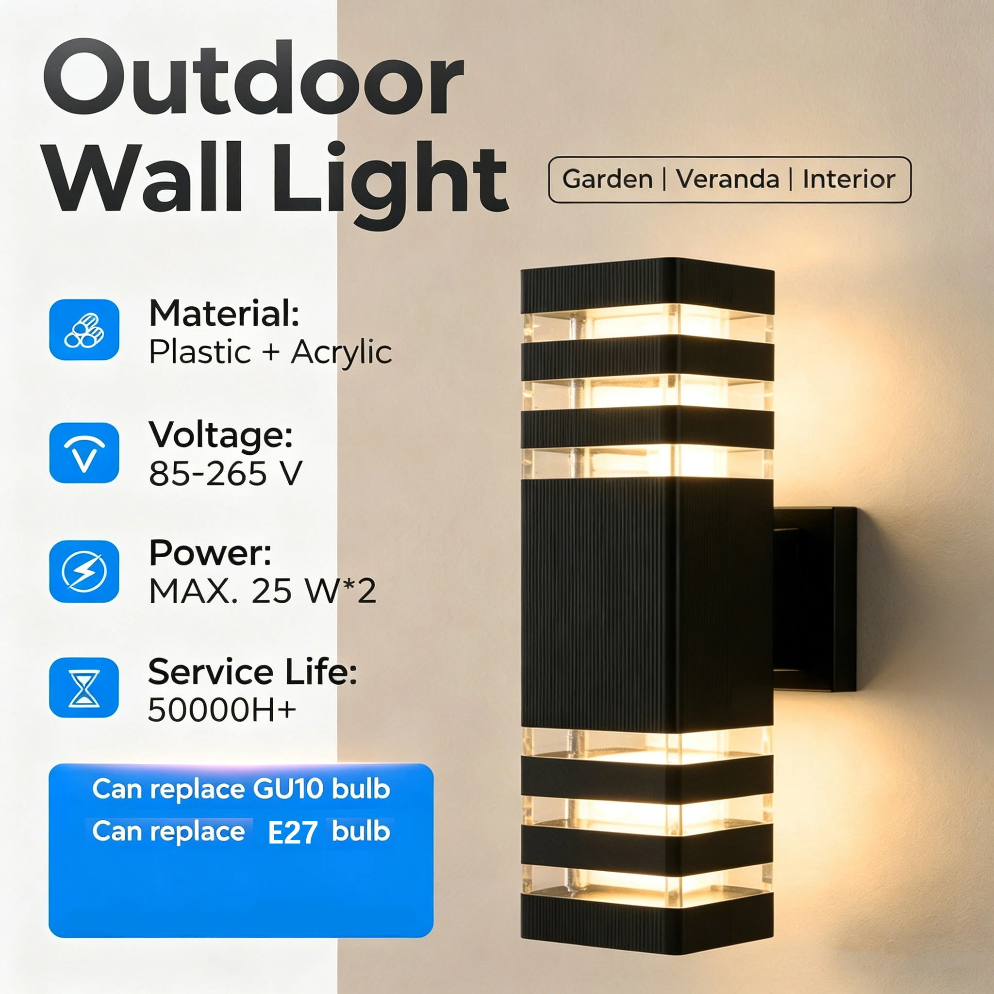 Moderne Außenwandleuchte Wasserdicht mit Austauschbarer GU10-Glühbirne LED-Wandleuchte für Garten, Korridor, Außenbereich, Straßenwandlampe, Dekoration