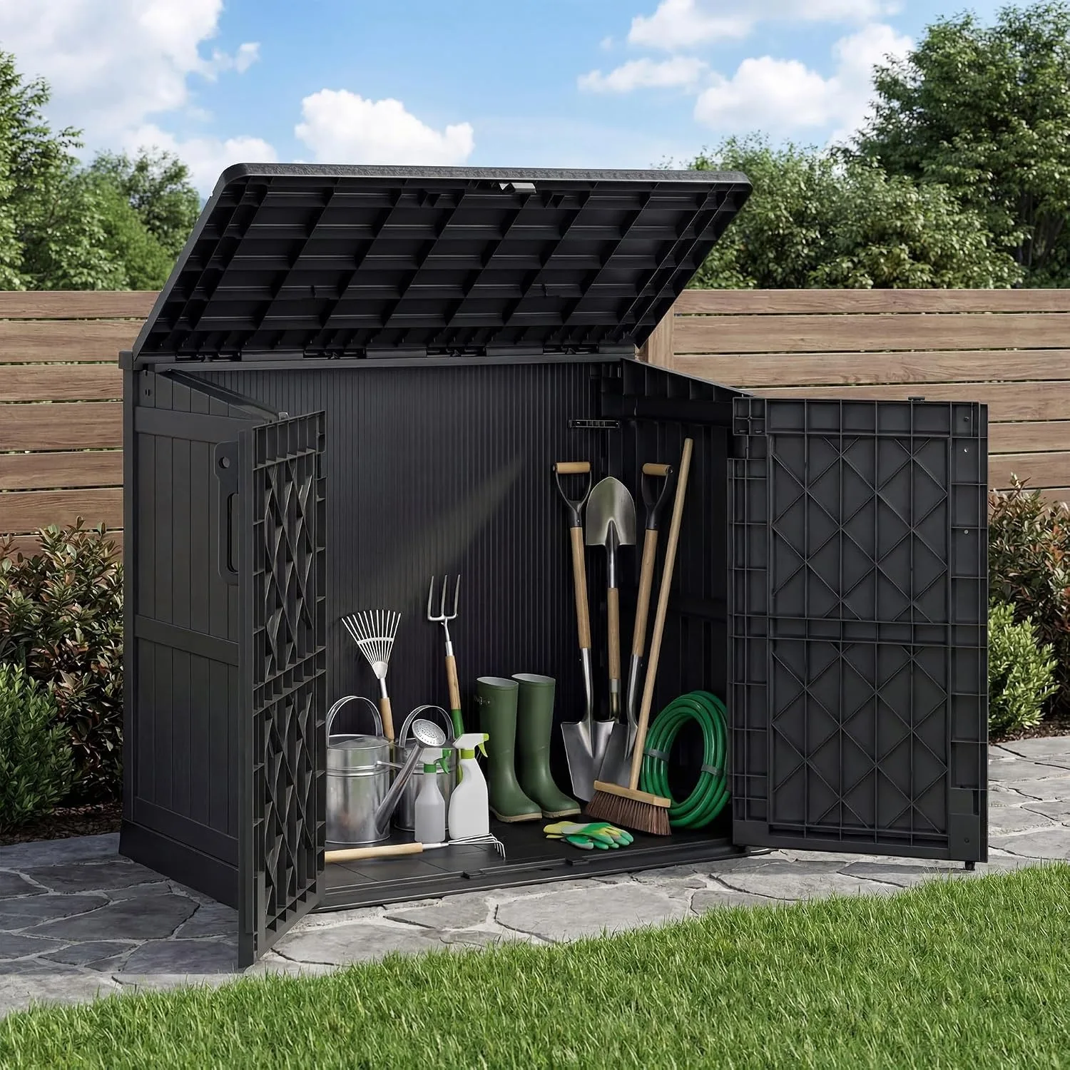 Outdoor Storage Cabinet 37 Cu Ft with Lockable Doors, Portable Horizontal Resin Storage Shed -Easy to Assemble