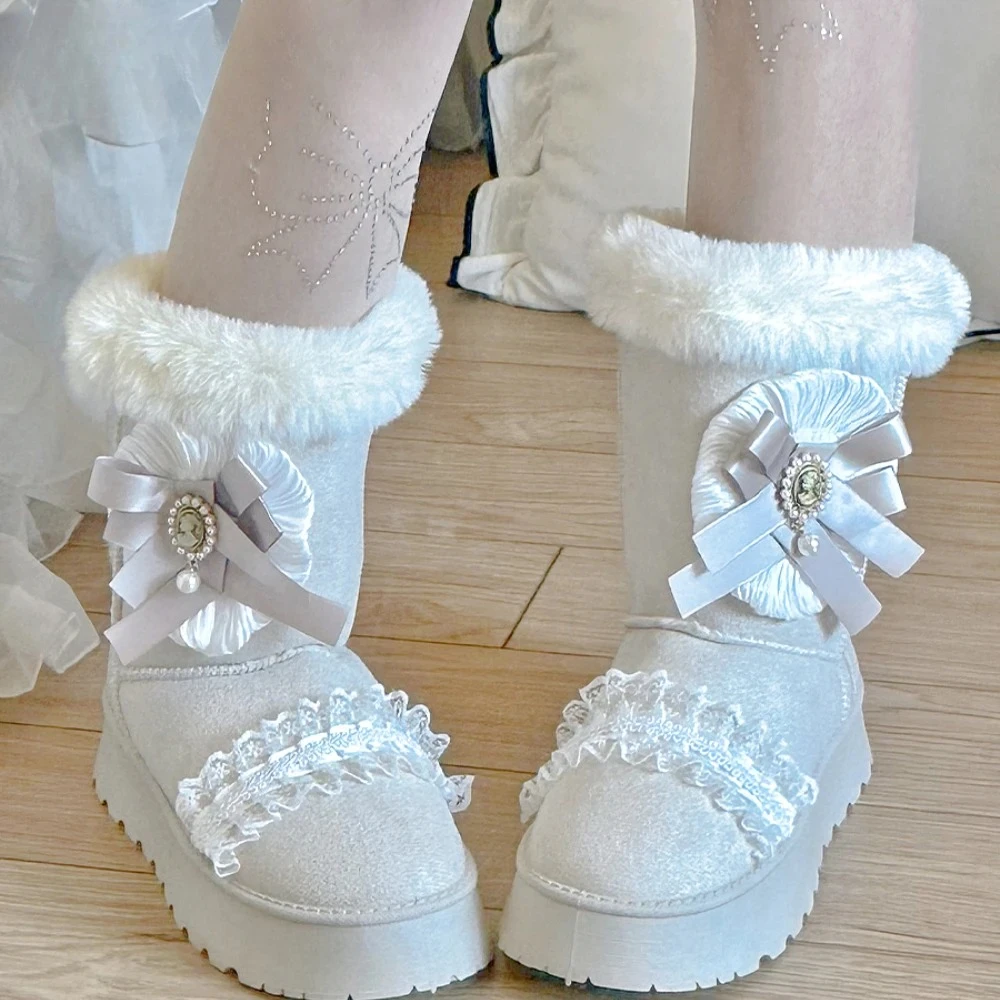 日本製オリジナルロールスノーブーツ、スイートレースアップ、パール装飾付きカジュアルシューズ、冬用ファー付きレディースプラッシュウォームミッドブーツ