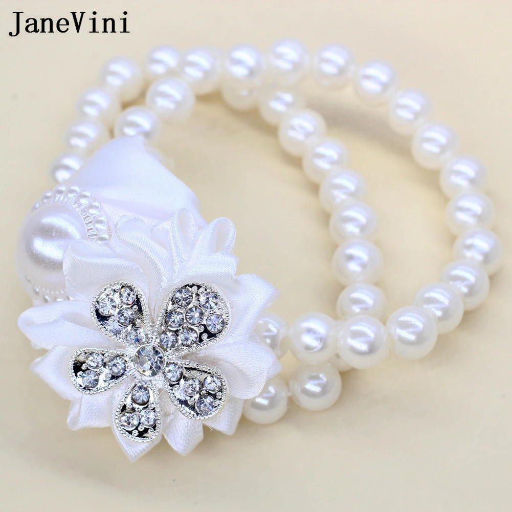 JaneVini White Satin Rose Bouttoniers and Corsage Luxury Crystal Pearl Groomsmen Brooch Wedding Buttonhole Bridesmaid Bracelet