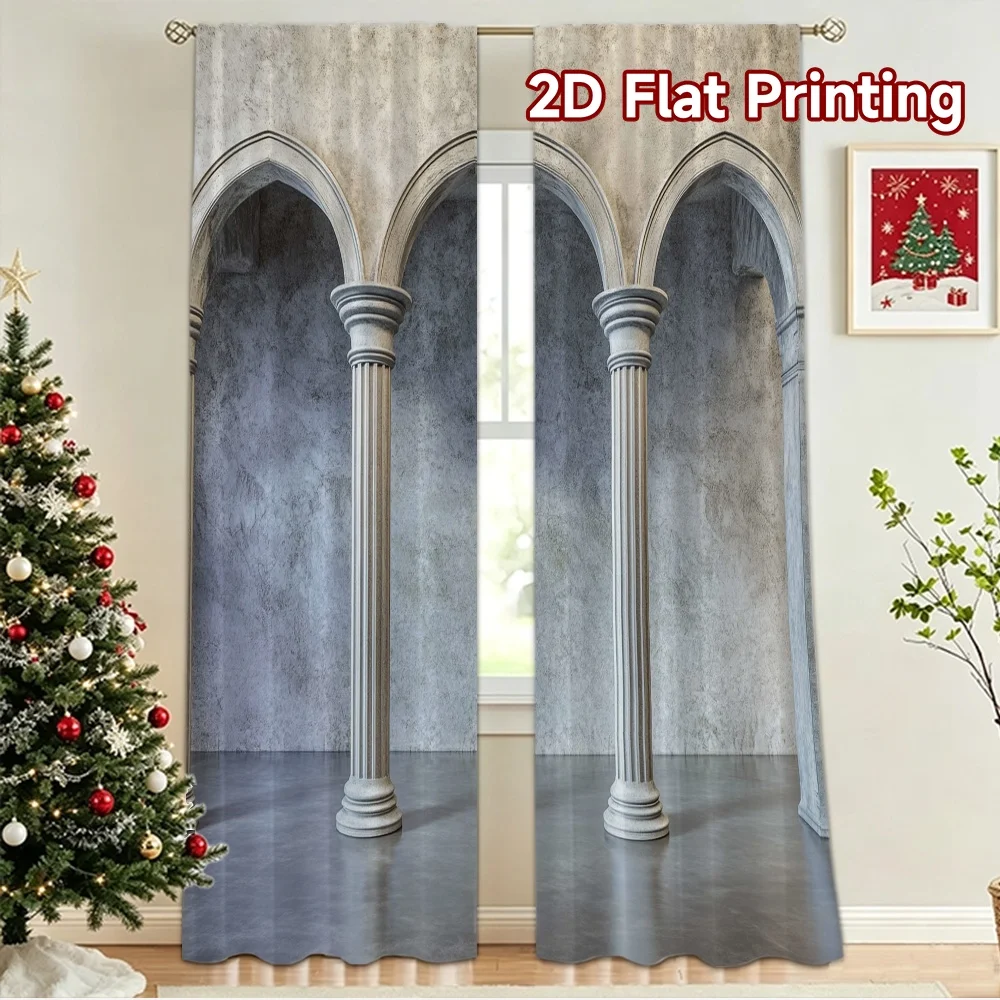 2D flat 2pcs Curtain Modern Minimalist Style Stone Arches and Columns Durable polyester fiber Festive Holiday Use for Photo