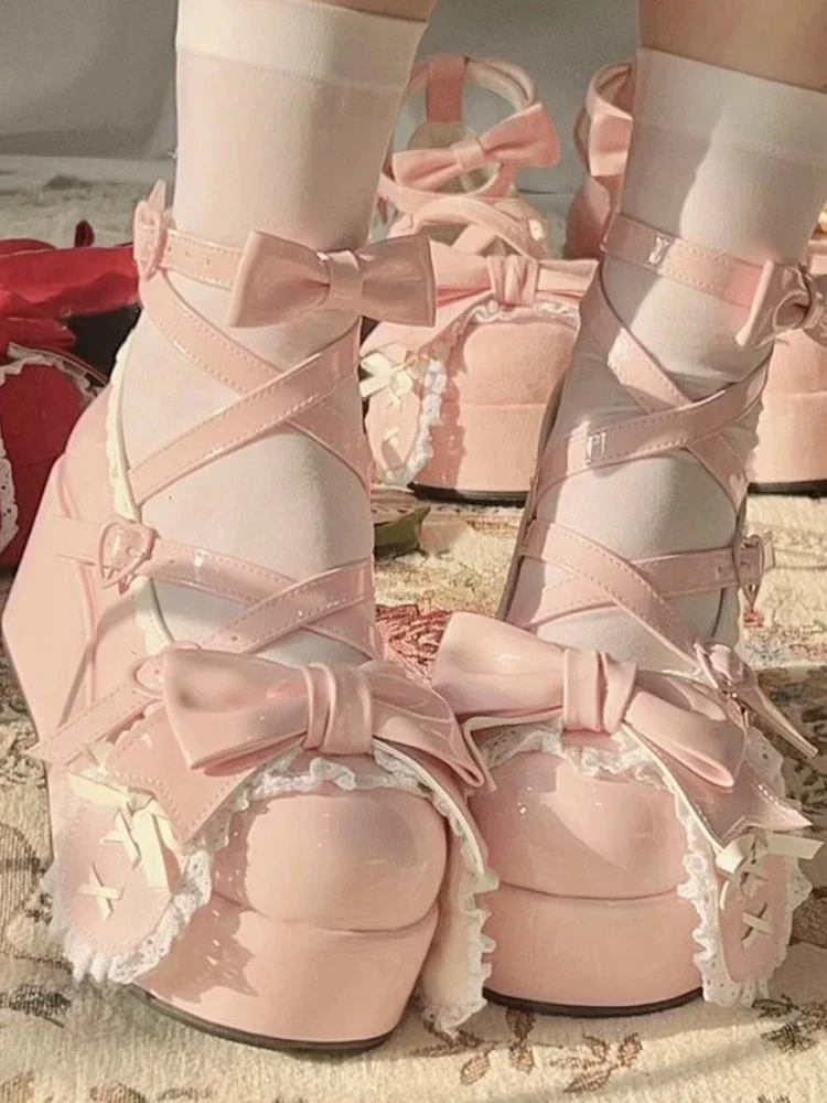 Estate bella cinghia di prua Lolita scarpe per le donne dolce papillon piattaforma Mary Janes donna pelle verniciata antiscivolo carino appartamenti